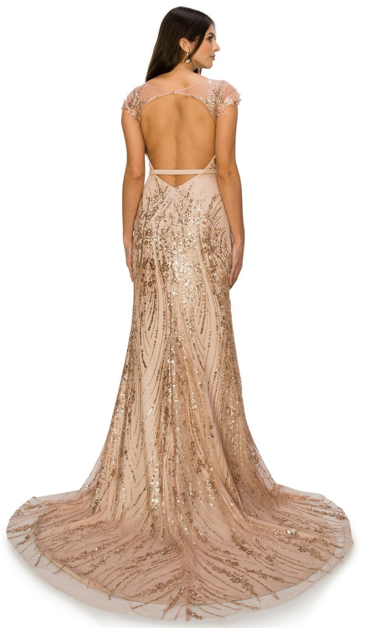 Woman wearing the Long Glitter Prom Dress: Cinderella Couture 8057J, a floor-length nude gown with gold sequins, cap sleeves, open back, and sweeping train, standing and facing away from the camera.